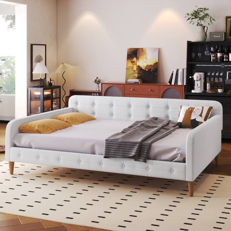 Elegant Style Linen Fabric Daybed, Upholstered Tufted Button Platform Sofa Bed Frame with 4 Solid Pine Wood Legs