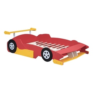 Red Full Size Wood Race Car-Shaped Platform Bed with Wheels