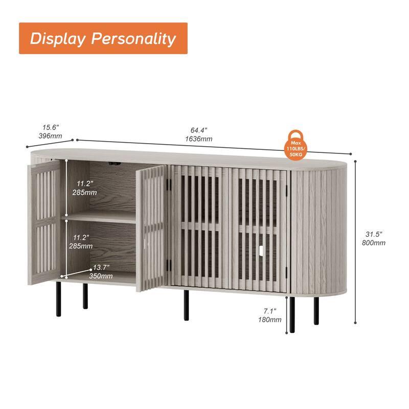WAMPAT 64.4" Fluted TV Stand,Mid Century Modern Entertainment Center for TVs Up to 70 inches
