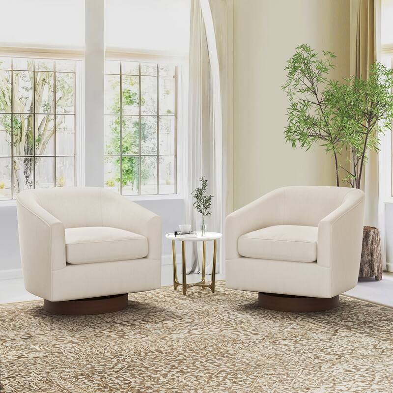 Modern Wooden Barrel Swivel Accent Chair Upholstery Armchair for Living Room - Beige - Set of 2