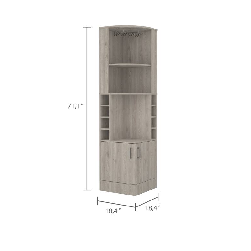 FM Furniture The Seattle Corner Bar Cabinet with 3 Open Shelves, Glass Rack, 8 Bottle Cubbies, and Double Doors