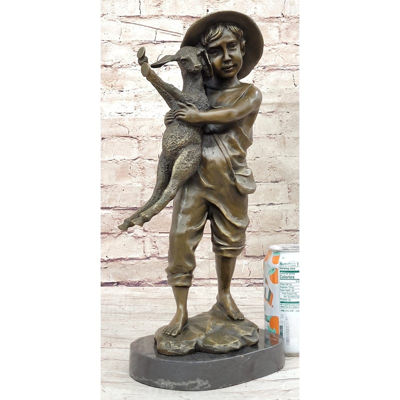 Real Bronze Metal Statue On Marble Base Young Farm Boy His Sheep Sculpture