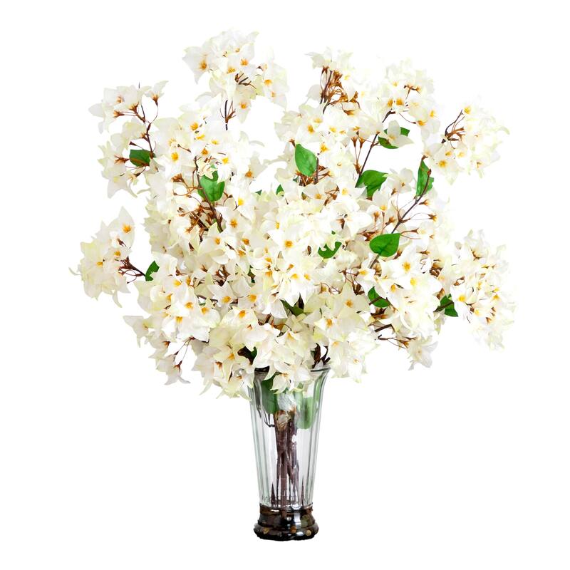Bougainvillea Artificial Floral Arrangement with Glass Vase - 30" - White