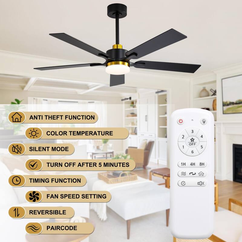 Cusp Barn 52" Modern Ceiling Fan with Light and Remote, Farmhouse Black 6 Speeds Reversible DC Motor Ceiling Fan for Bedroom