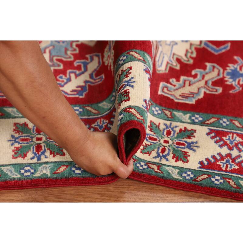 Red Kazak Area Rug Hand-Knotted Oriental Wool Carpet - 4'1" x 5'6"