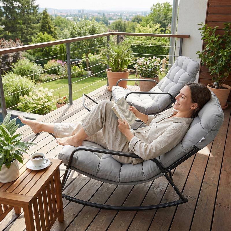 Oversized Outdoor Papasan Rocking Lounge Chair with Thick Cushion, Heavy-Duty Metal Patio Rocker Recliner, 450 lbs Capacity