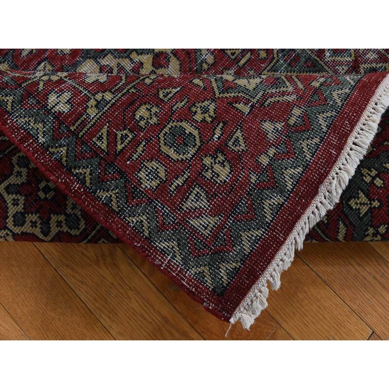 Shahbanu Rugs Vermilion Red, Vintage Look Mamluk, Zero Pile, Shaved Low, Worn Wool, Hand Knotted