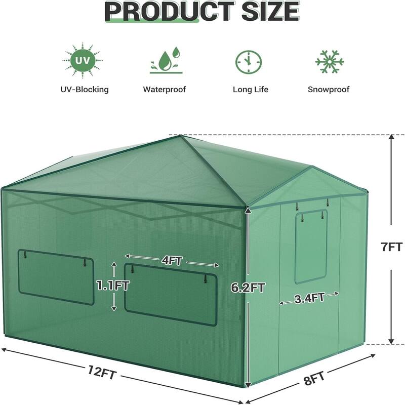 8*12 ft Portable Pop-Up Greenhouse, Featuring Zippered Doors and Mesh Window Walls, Green. - 8*12FT