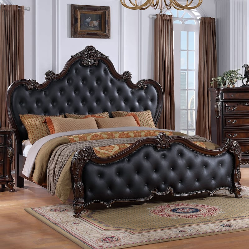 Furniture of America Eugene Traditional Solid Wood Panel Bed with Tufted Leatherette Headboard - Dark Cherry - King