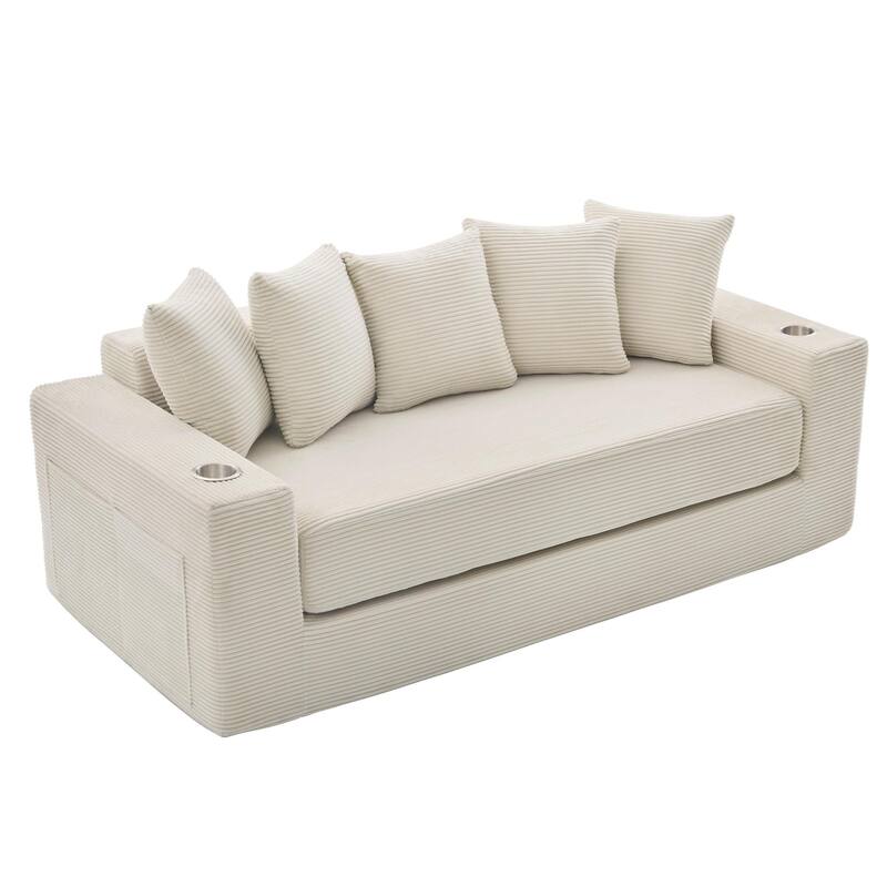 2-in-1 Convertible Sleeper Sofa, Floor Folding Couch, Sofa Bed with Side Pocket, Pull Out Loveseat with Cup Holders