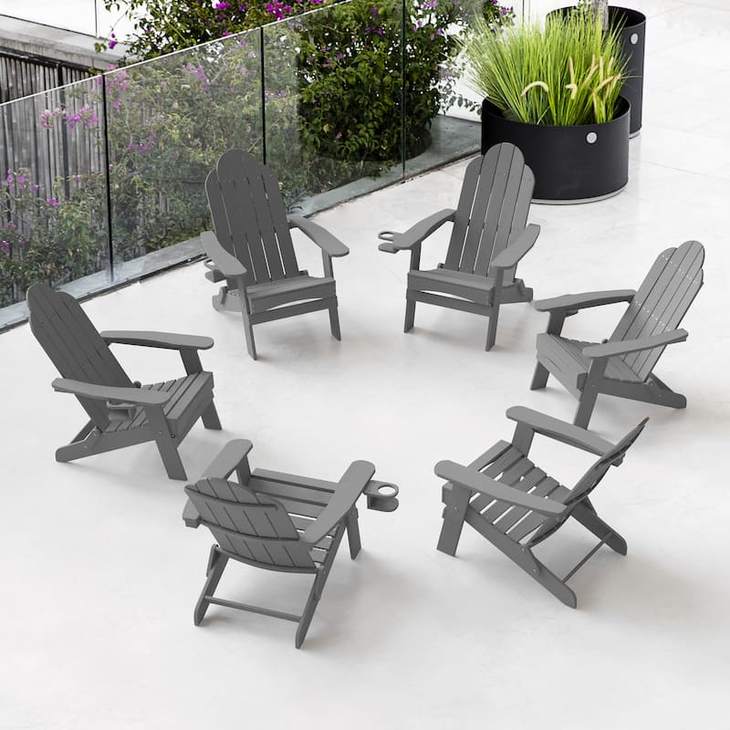 Foldable HDPS Weather Resistant Patio Adirondack Chairs With Cup Holder Set of 6 - 35"D x 30"W x 36.2"H - Dark Grey