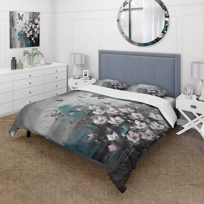 Designart "Flowers With Butterflies Painting V" Pink Traditional - Bedding Set With Shams
