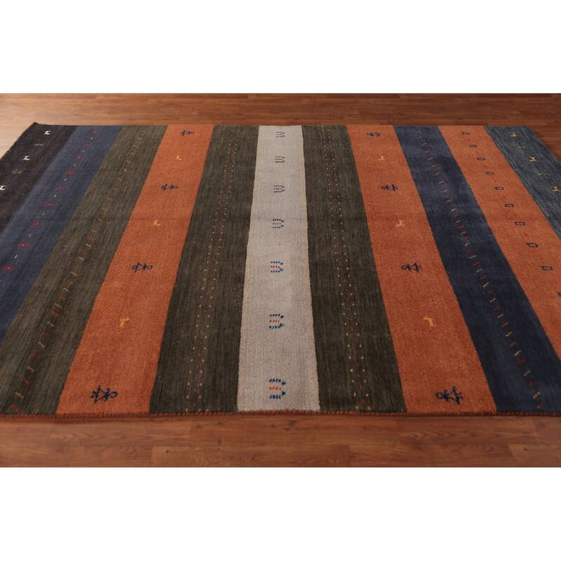 Striped Gabbeh Oriental Area Rug Hand-Knotted Wool Carpet - 6'7" x 9'6"