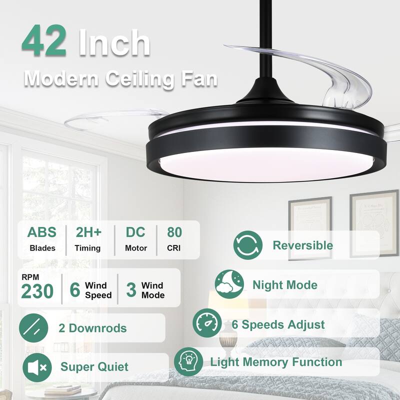 Cusp Barn 42 Inch Retractable Ceiling Fan with Lights, Modern Silent DC Motor 6 Speeds Chandelier Ceiling Fan for Bedroom