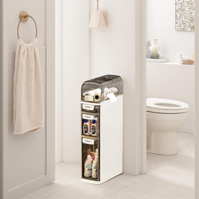 4 Tier Slim Bathroom Storage Cabinet Narrow Organizer With Wheels And Toilet Paper Holder Bathroom Cabinet