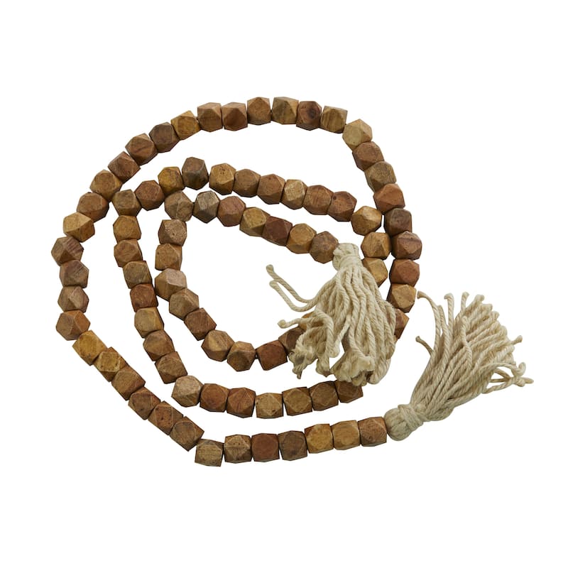 Mango Wood Handmade Hexagon Carved Geometric Long Beaded Garland with Tassel - Roche River Decor - Dark Brown - 80"L
