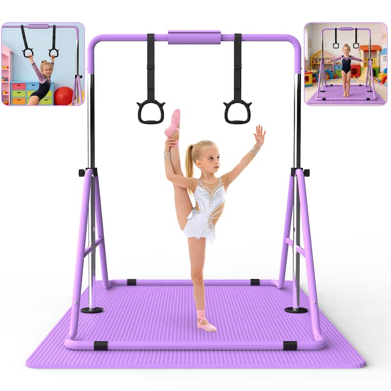 Gymnastics Bar for Kids, Gymnastics Horizontal Bar with Adjustable Height Foldable Training Bar with Mat for Home Practice