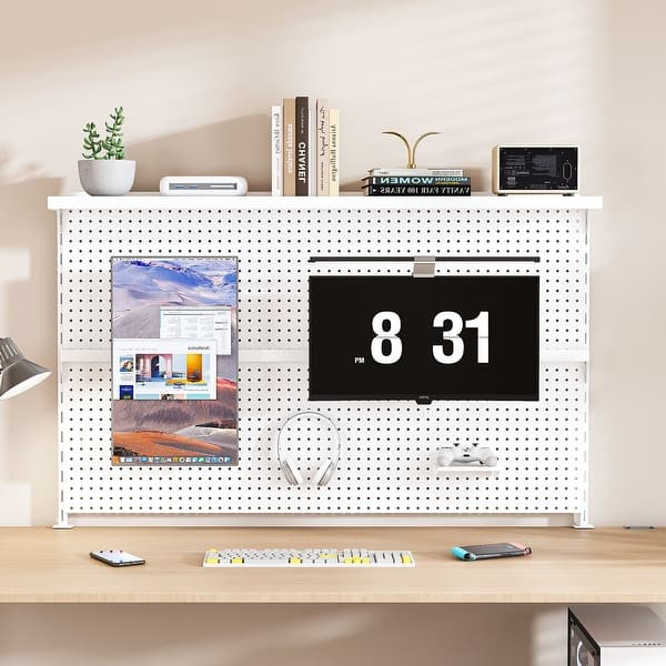 Pegboard Display & Storage Rack With Mirror – Wood Standing Retail Display, Wall Mount Organizer, 140x40x8cm (White)