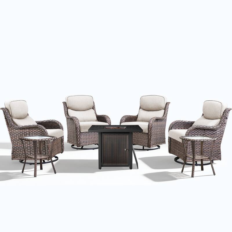 Meyreso 7-Piece Outdoor Patio Wicker Fire Pit 4 person Conversation Set with 5-Inch Thick Cushions