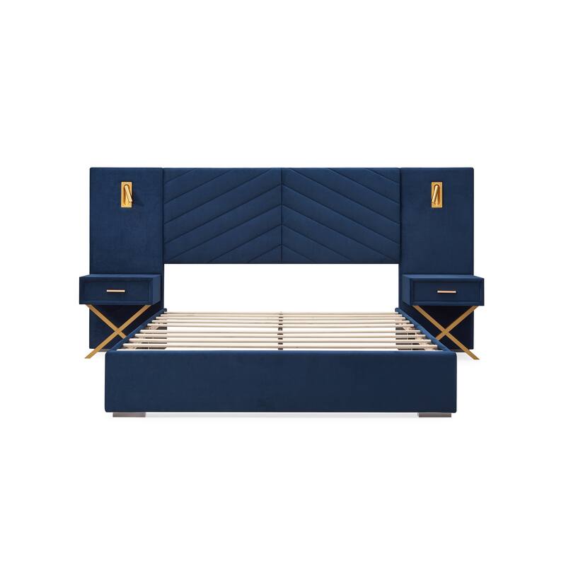 King Size Velvet Bed Frame with LED Lights and Floating Bedside Tables, No Box Spring Needed