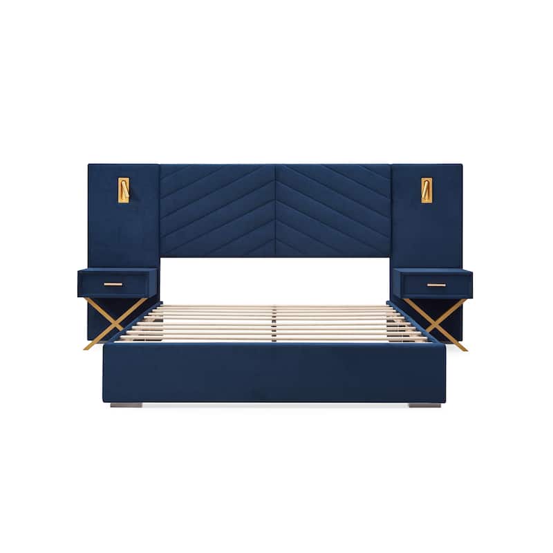 Velvet Upholstered Bed Frame, Wingback Headboard Platform Bed with LED Side Lights & Nightstands, No Box Spring Needed