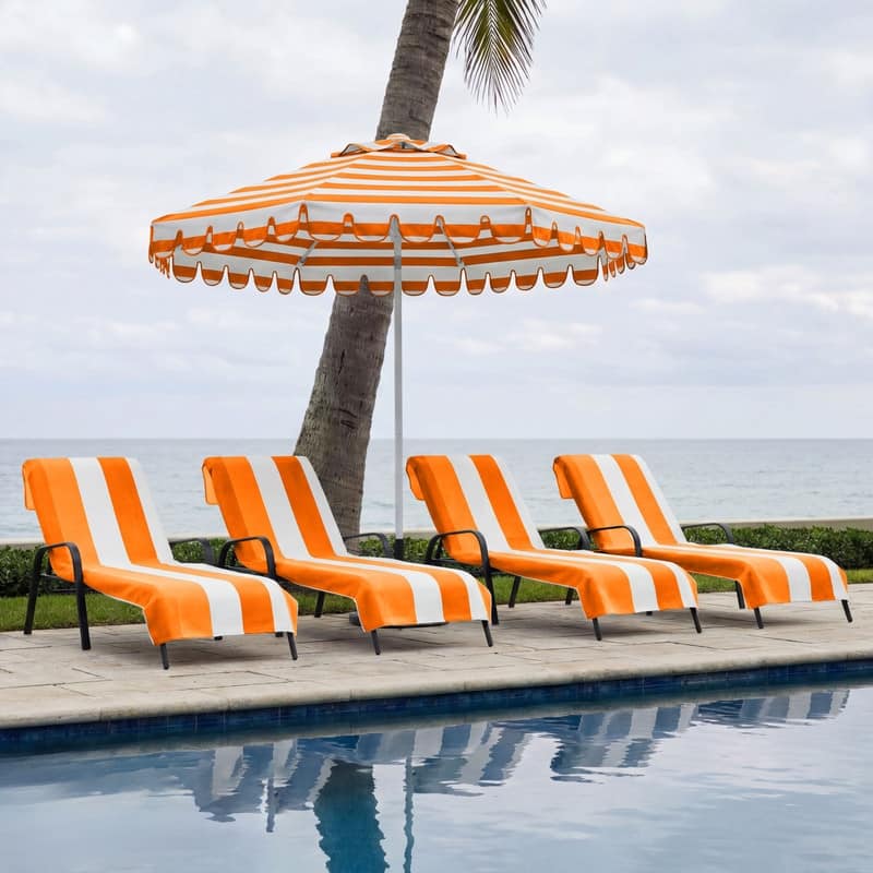 100% Cotton Cabana‑Stripe Lounge Chair Cover Terry Towel with Fitted Pocket & Back Flap Set of 4 - Orange
