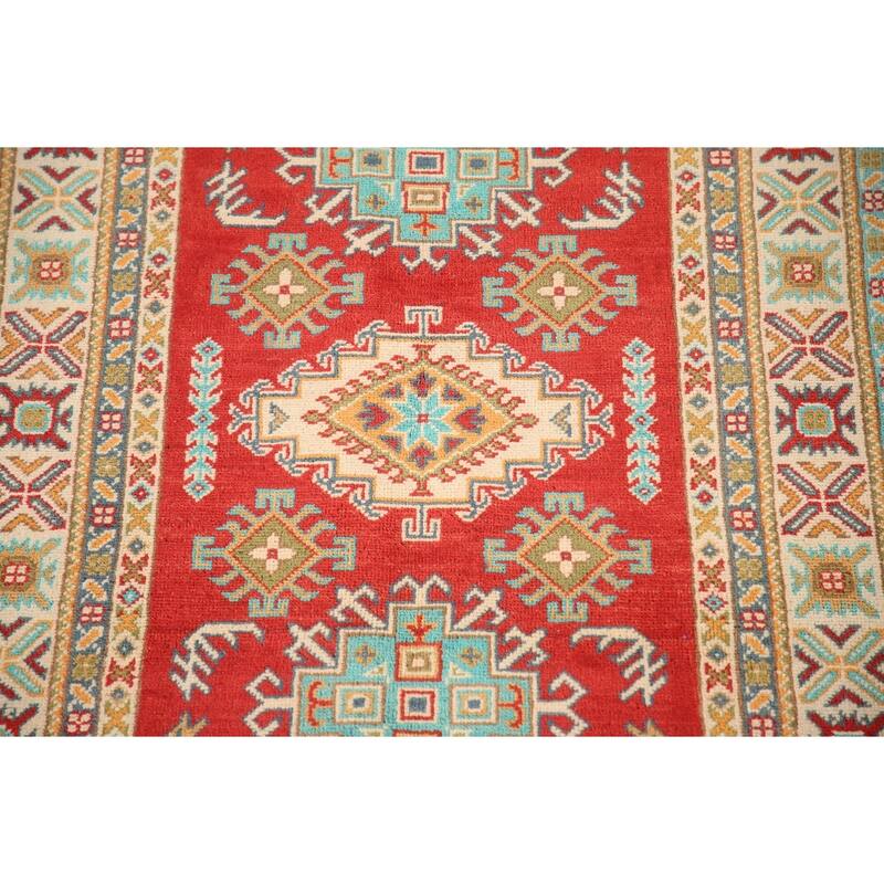 Kazak Rug Hand-Knotted Geometric Red Wool Carpet - 3'3"x 4'10"
