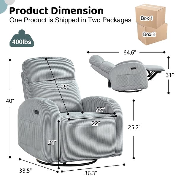 dimension image slide 11 of 12, Power Swivel Rocker Glider Nursery Recliner with USB Port Set of 2
