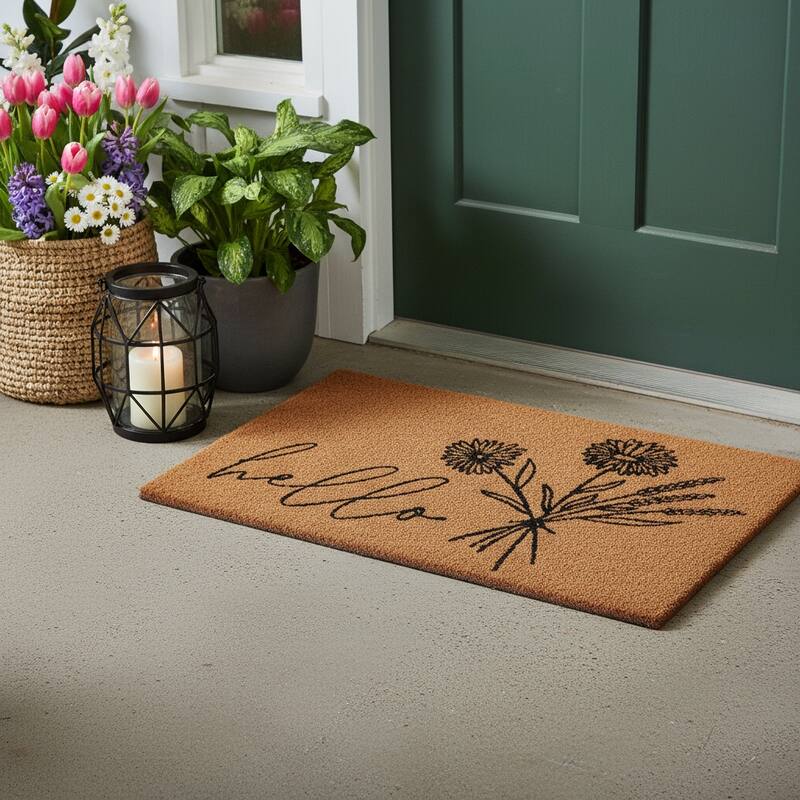 HomeRoots 17" X 29" Brown And Black Floral Hello Outdoor Coir Door Mat - 17.00' X '29.00 - 17.00' X '29.00