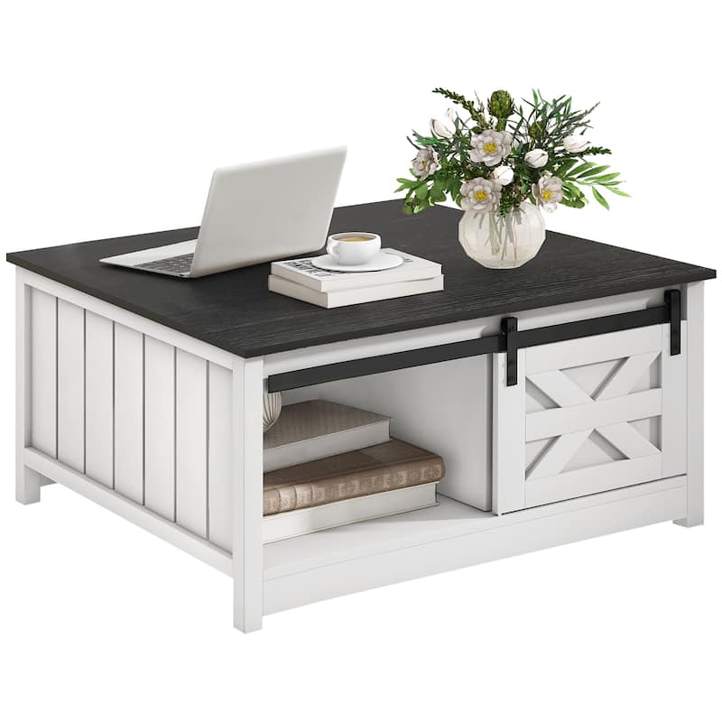 Moasis Farmhouse Coffee Table Wooden Square Center Table with Sliding Barn Door Small Coffee Table with Half Open Storage - Black/White