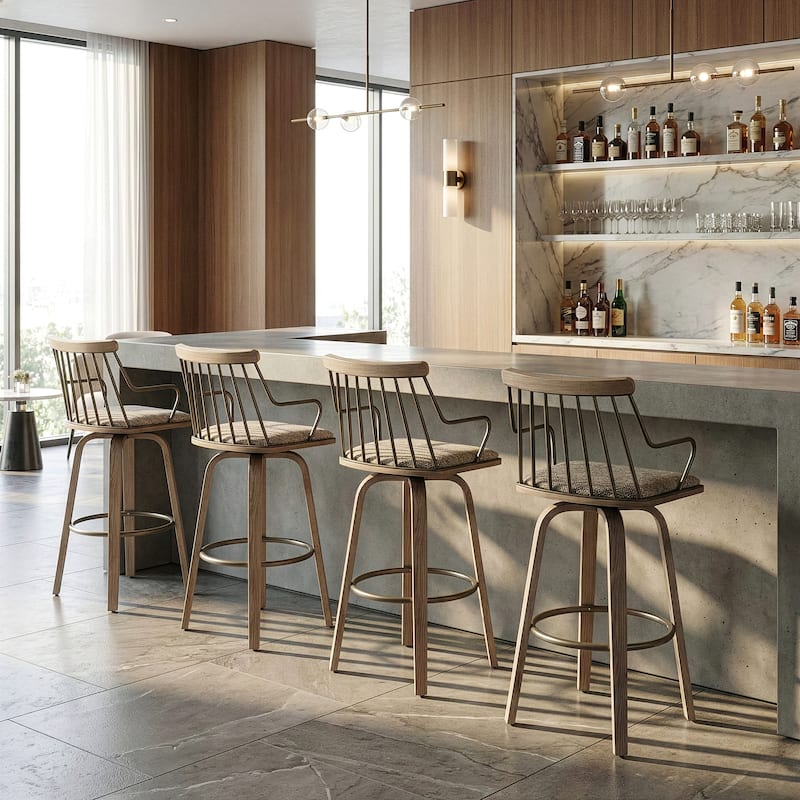 Beatrice Brown and White Woven Fabric Bar Stool with Natural Wood Legs