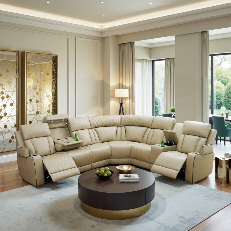 3-Piece Beige Breathing Leather Living Room Recliner Sofa set