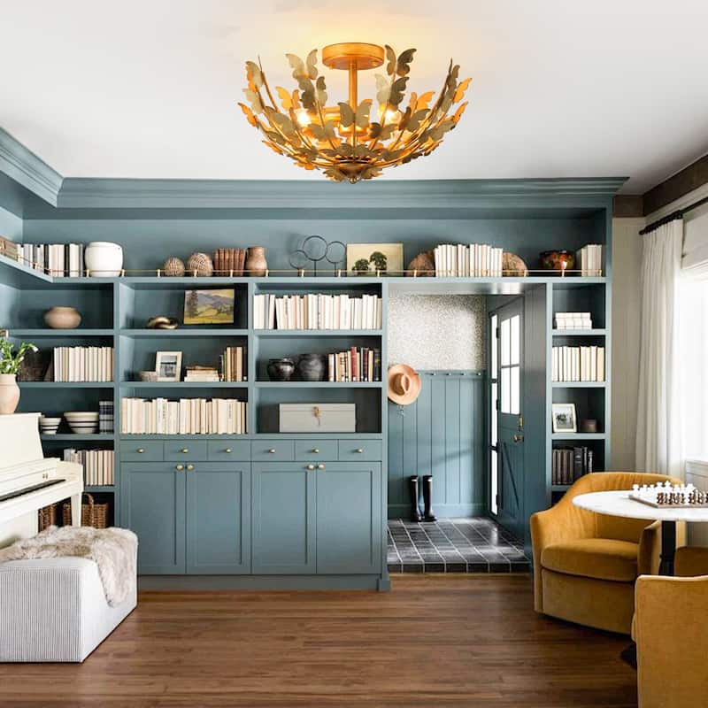 Antique Gold Butterfly Bowl 4-Light Semi Flush Mount Ceiling Light - 17.7"W x 10.4"H