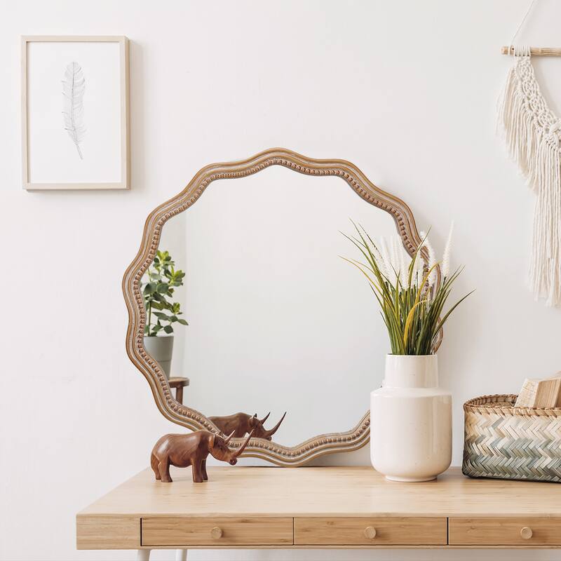 23.62 Inch Round Wavy Wood Wall Mirror