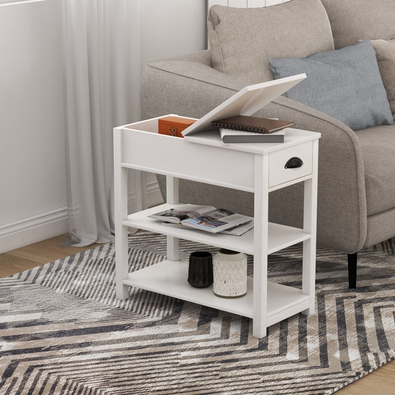 Narrow Sided Table with Drawers and Bottom Partition in Flip Over Design - White