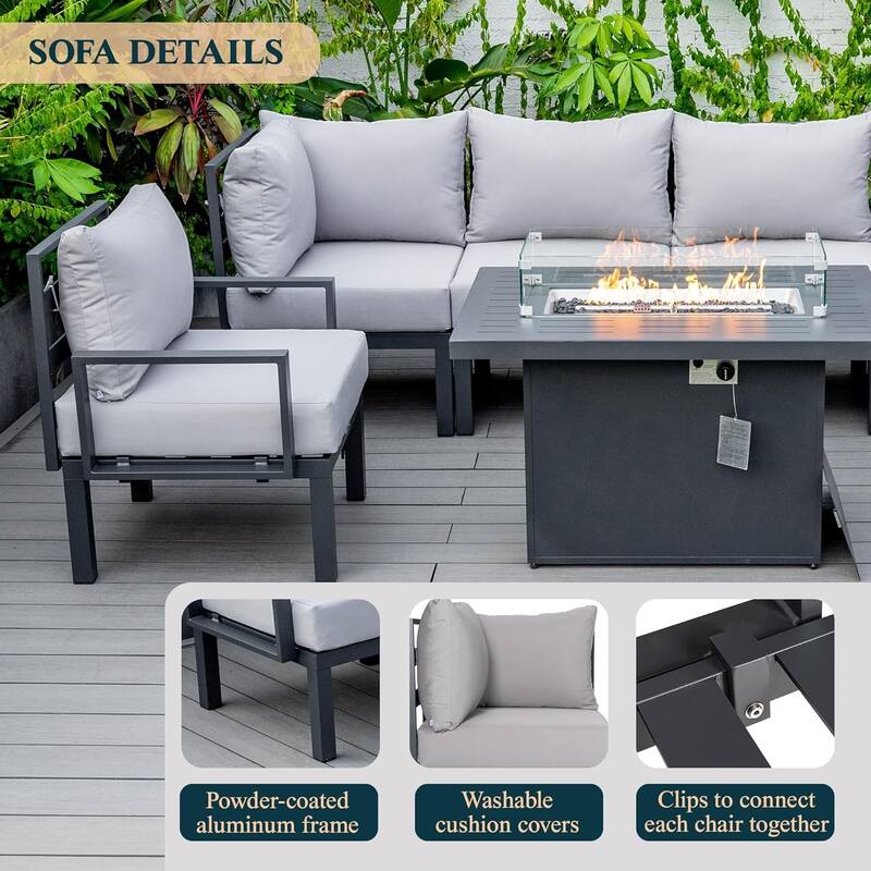 Chelsea 7-Piece Outdoor Patio Sectional Set with Firepit Table in Black Aluminum for Backyard Garden and Patio Deck
