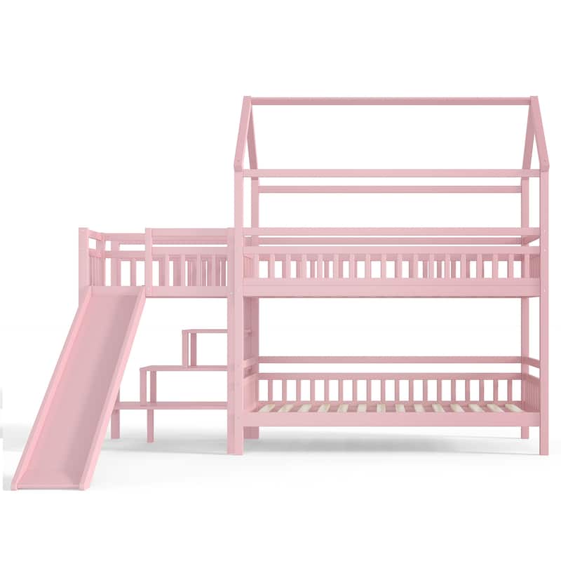 Full/Twin House-Shaped Bunk Bed with Slide & Storage Stairs, Playhouse Bed with Two Placement Methods