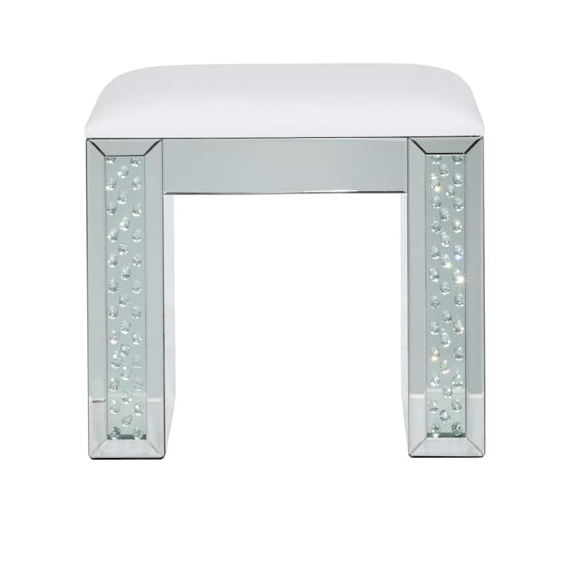 Wooden Mirrored Stool with Upholstered Seat - Silver - Roche River Decor