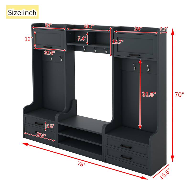 4-in-1 Entryway Hall Tree with Bench, Shoe Storage, 7 Hooks Coat Rack, Drawers, Cabinet, Detachable Multiple Functions Halltree