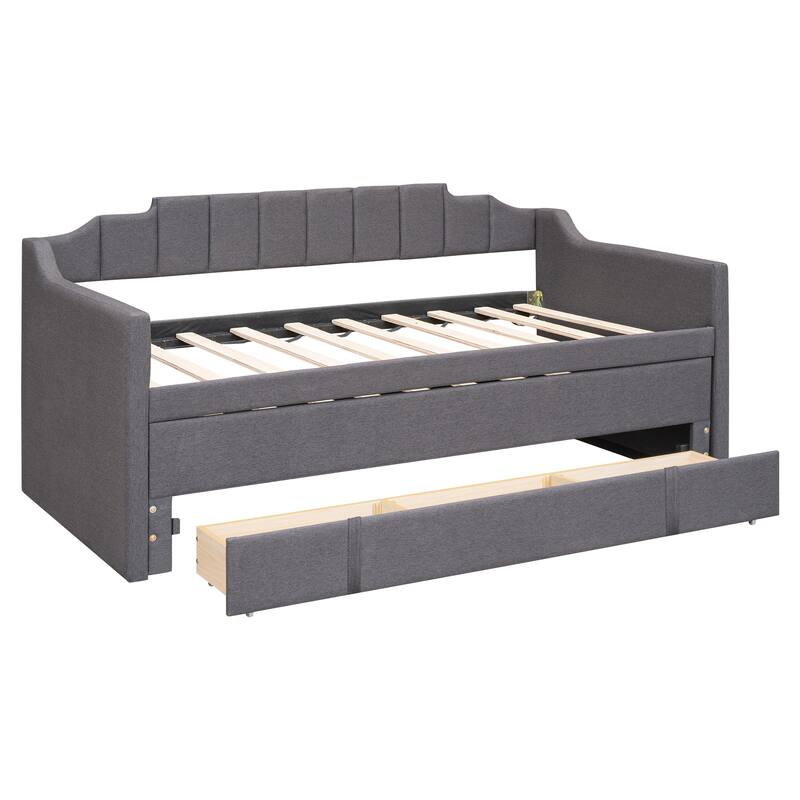 Twin Upholstered Daybed with Trundle and 3 Drawers, Solid Wood Sofa Bed Frame, No Need for Box Spring