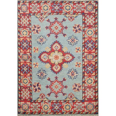 Light Blue Geometric Kazak Oriental Foyer Rug Hand-Knotted Wool Carpet - 2'0" x 3'0"