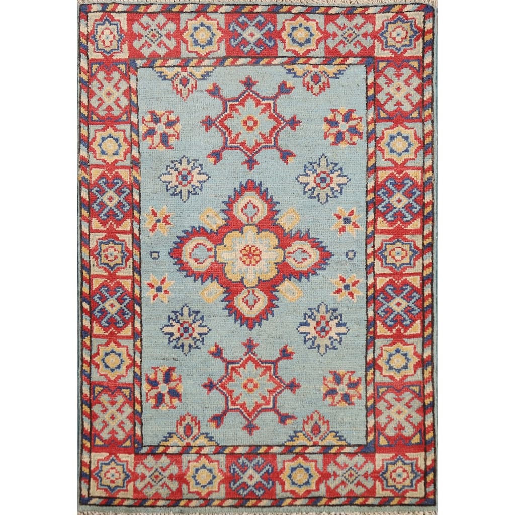 Light Blue Geometric Kazak Oriental Foyer Rug Hand-Knotted Wool Carpet - 2'0" x 3'0"