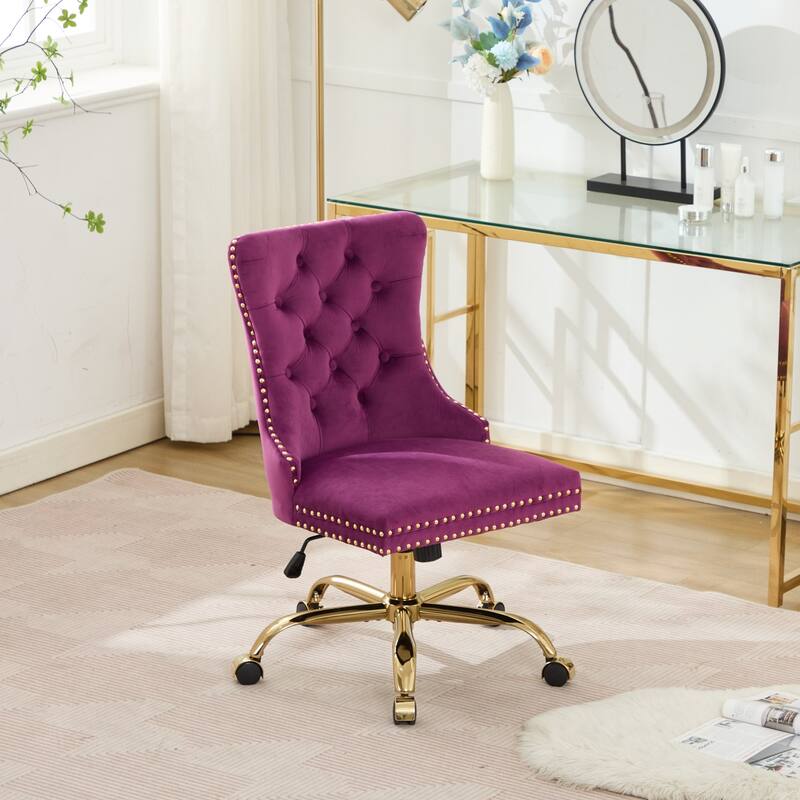 Velvet Swivel Office Chair with Wheels, Tufted Button Home Office Chair, Adjustable Vanity Chair with Metal Base