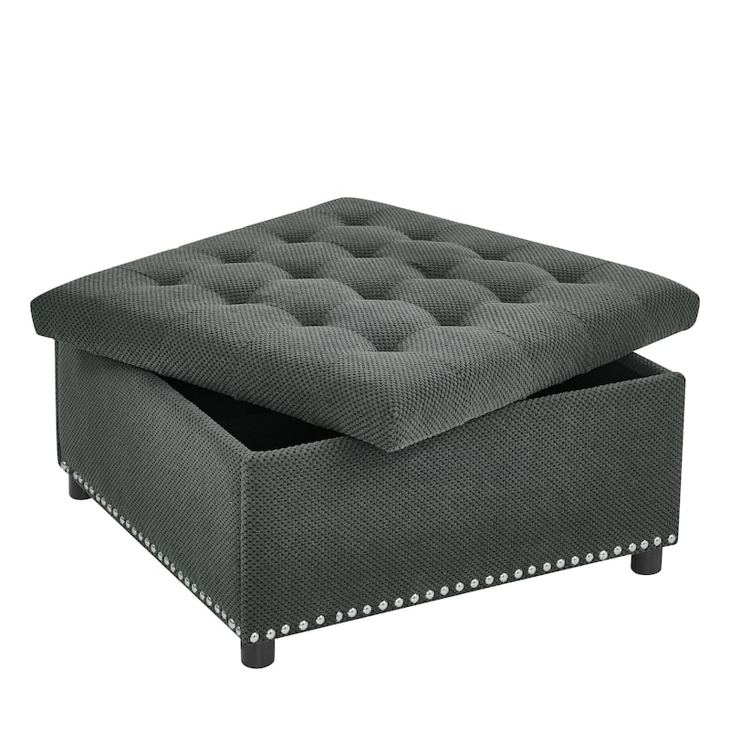 Square Tufted Upholstered Storage Ottoman with Nailhead Trim