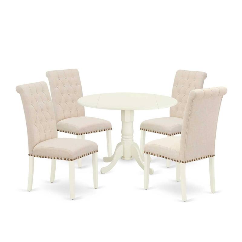 Rustic 5Pc Dinette Set - Round Table & 4 Parsons Chairs - Light Beige Fabric, White Finish - 42