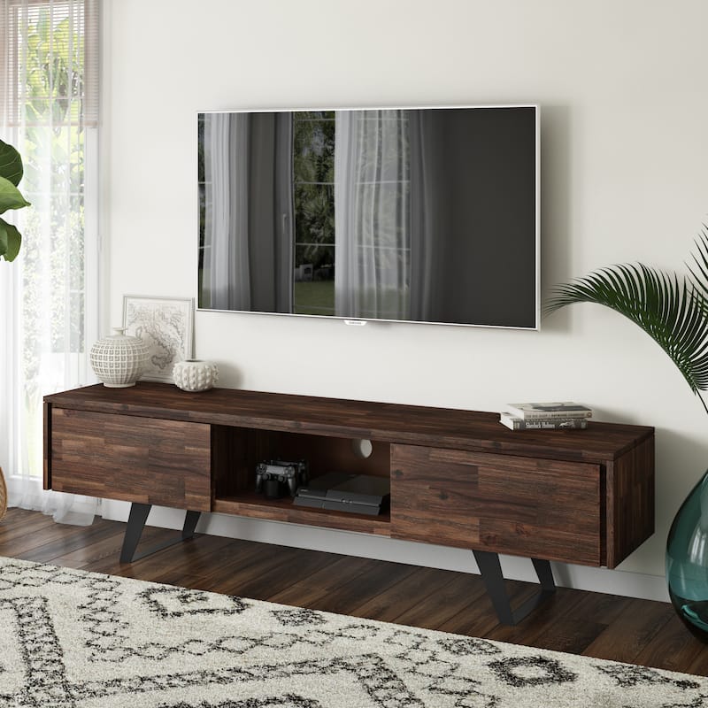 WYNDENHALL Mitchell SOLID WOOD 72 inch Wide Modern Industrial TV Media Stand For TVs up to 80 inches - Distressed Charcoal Brown