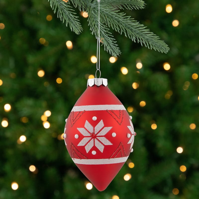 5.25" Glittered Red White Snowflake Glass Finial Christmas Ornament