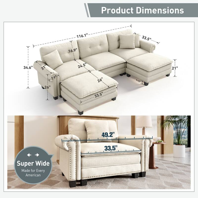 MAISON ARTS Mid-Century Modern Oversized L/U Shaped Cloud Couch with Ottoman, Deep Seat Sectional Sofa with Throw Pillows