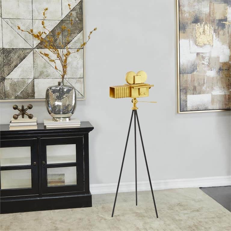 Classic Hollywood Gold Metal Camera Film Sculpture with Tripod Stand