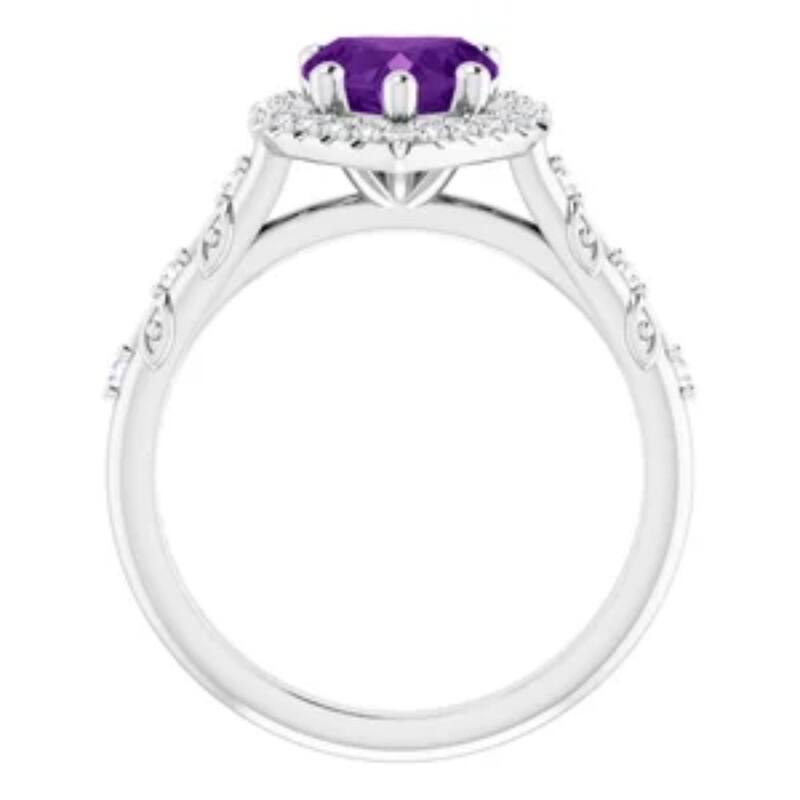 7mm Amethyst Halo Diamond Heart Shape Accent Ring in White or Yellow Gold